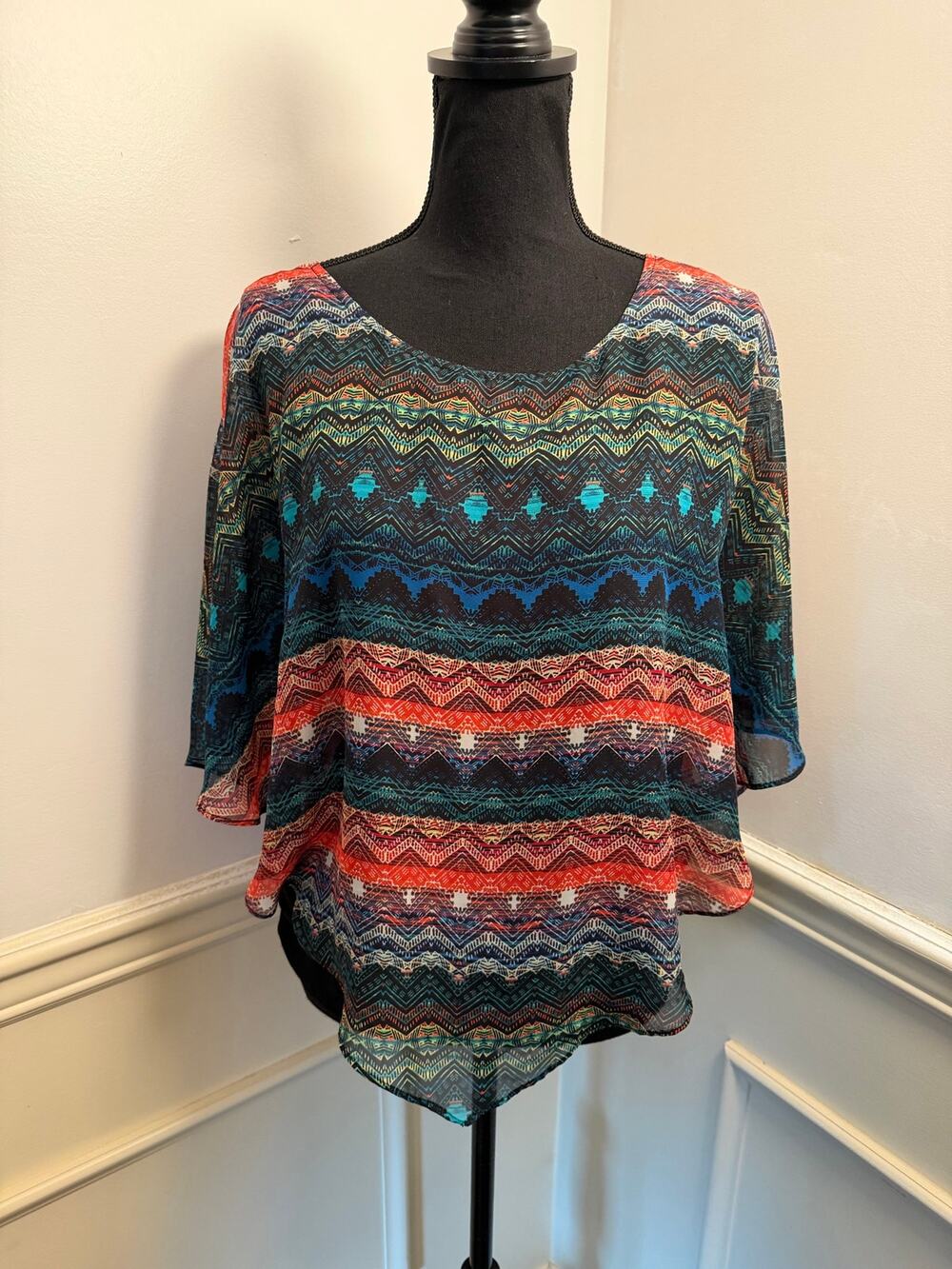 AGB Women's Multicolor Geometric Chevron Poncho Blouse Asymmetrical Boho Chic